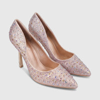 A pair of Bulbul Ladies Evening Court Shoes LU027 in champagne, featuring pointed toes and dazzling crystal embellishments.