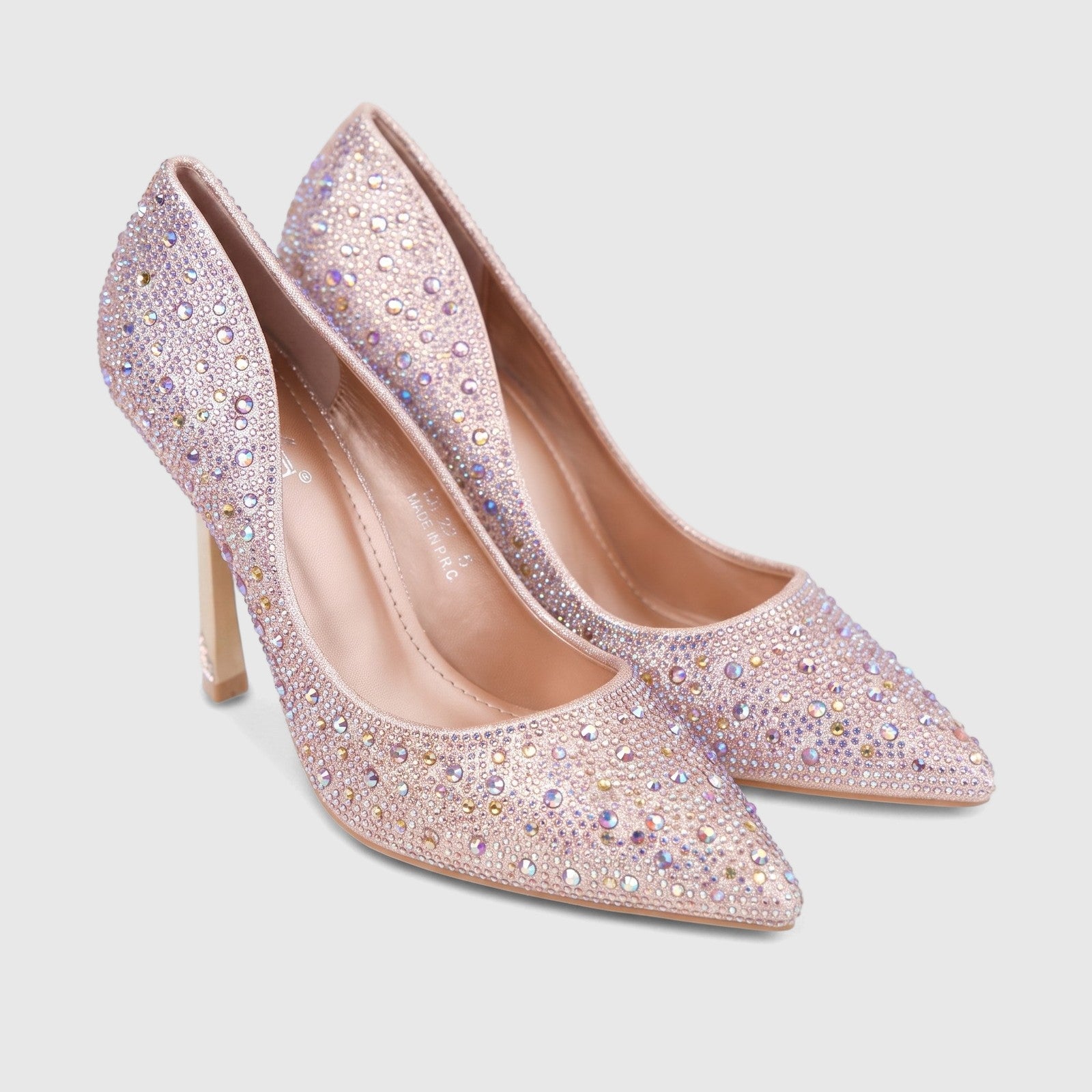 A pair of elegant champagne crystal-embellished pointed-toe high-heeled court shoes for ladies' evening wear.