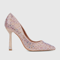 Bulbul Ladies Evening Court Shoe LU027 in champagne pink with iridescent rhinestone embellishments, pointed toe, and
