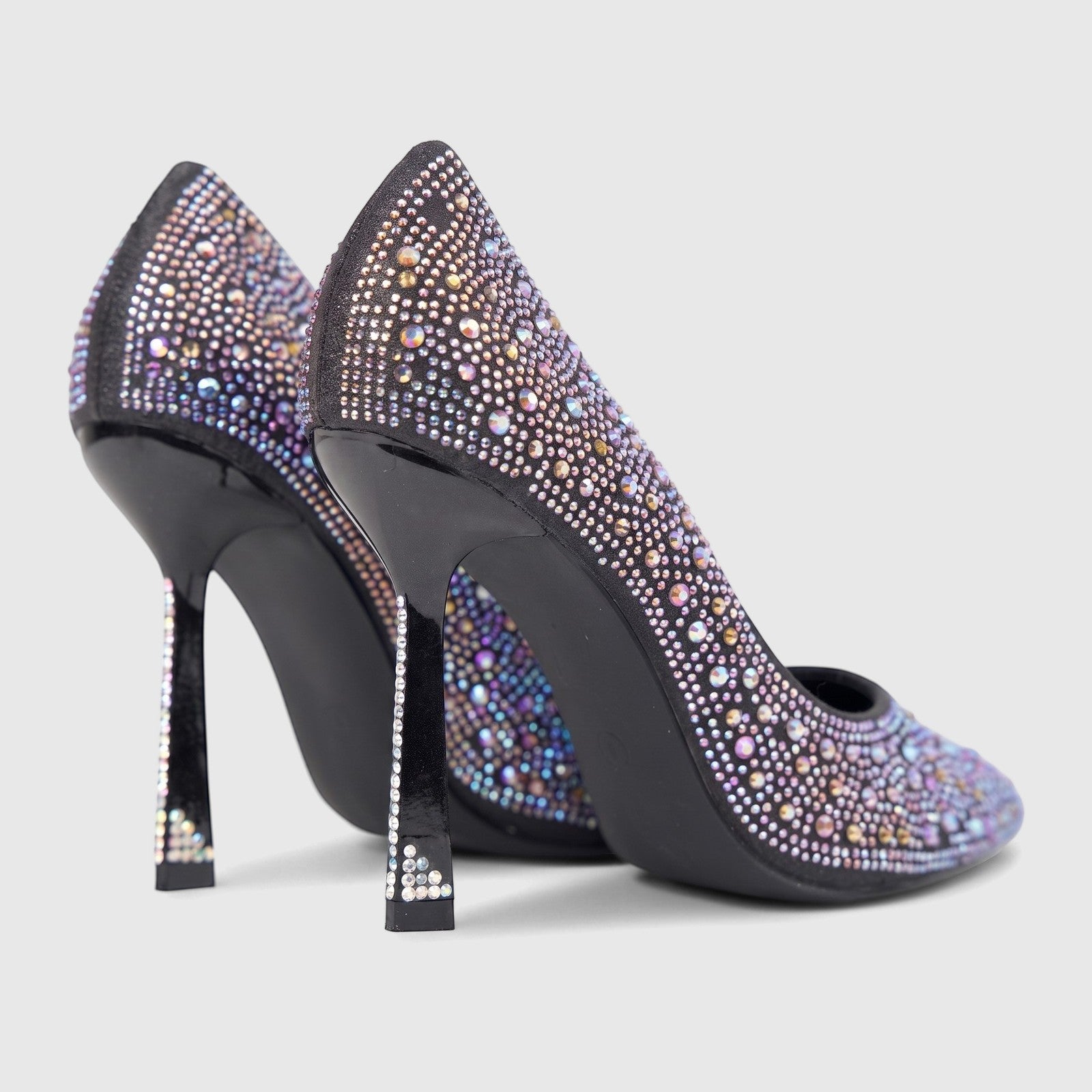 Pair of black Bulbul Ladies Evening Court Shoes, adorned with shimmering iridescent rhinestones, viewed from a slightly