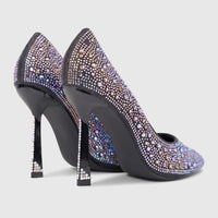 Pair of black Bulbul Ladies Evening Court Shoes, adorned with shimmering iridescent rhinestones, viewed from a slightly