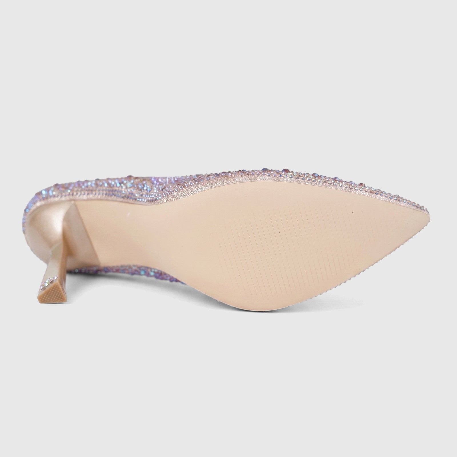 Bulbul Ladies Evening Court Shoe LU027 in champagne, adorned with iridescent rhinestones, featuring a pointed toe and