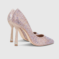 A pair of champagne Bulbul Ladies Evening Court Shoes LU027, intricately embellished with iridescent rhinestones and