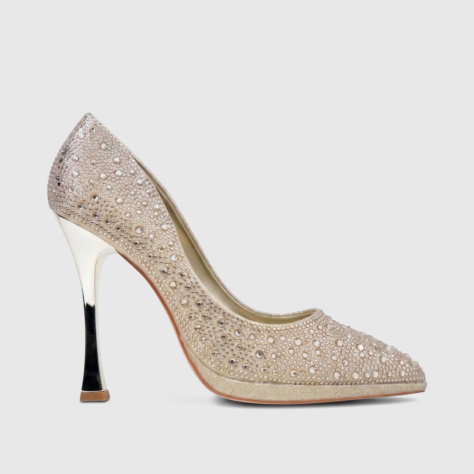 Bulbul Ladies Evening Court Shoe LU026 Gold, featuring shimmering rhinestones, a metallic high heel, and a side profile.