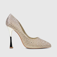 Bulbul Ladies Evening Court Shoe LU026 Gold, featuring shimmering rhinestones, a metallic high heel, and a side profile.