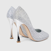 A pair of elegant Bulbul Ladies Evening Court Shoes LU026 in silver, embellished with sparkling rhinestones, on a white