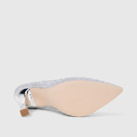 Bulbul Ladies Evening Court Shoe LU026 Silver, a high-heel pointed-toe shoe with glitter embellishment, shown from the