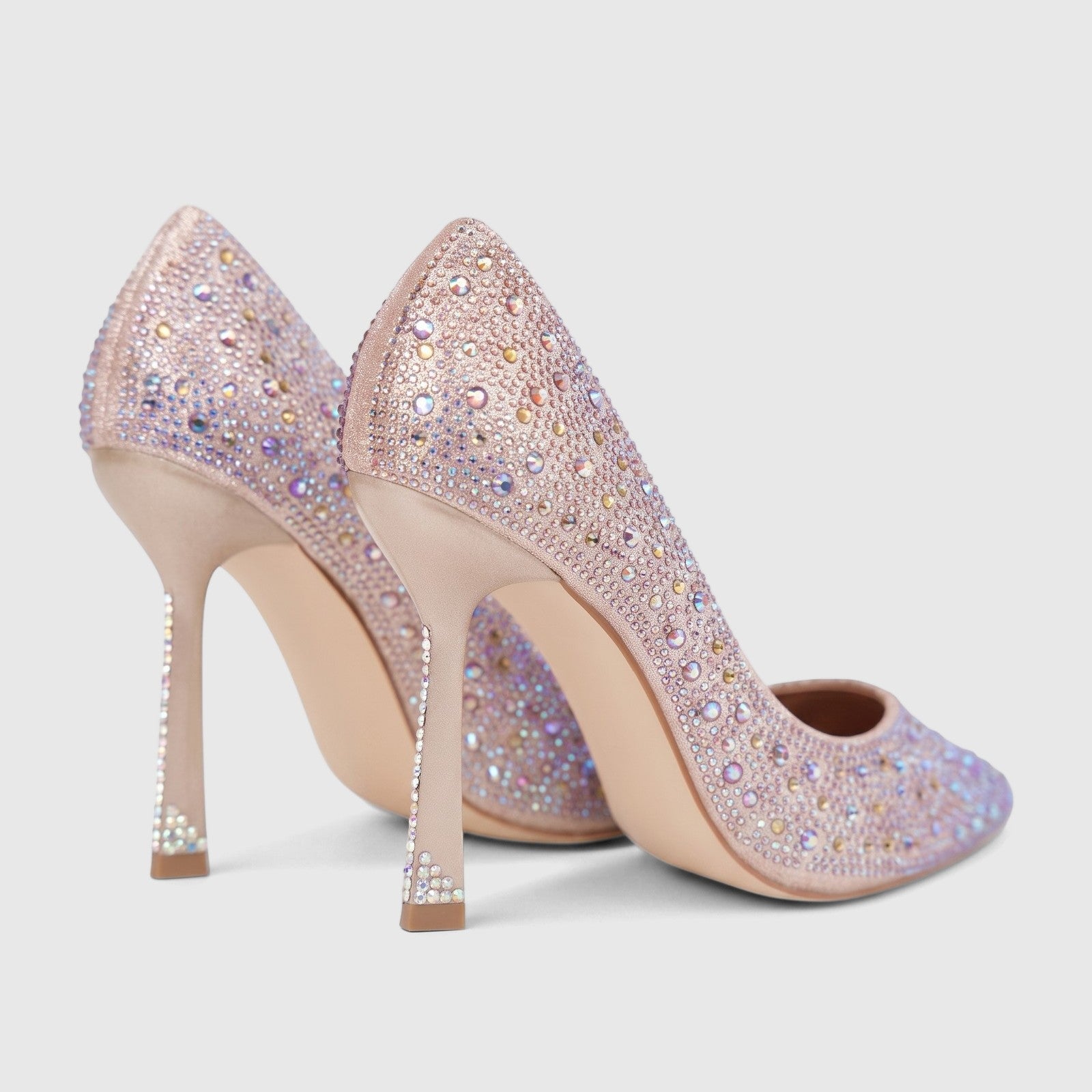 Pair of champagne Bulbul Ladies Evening Court Shoes LU027, pointed-toe, covered in iridescent rhinestones, viewed from the