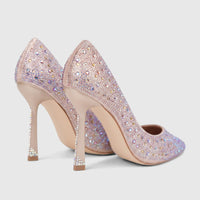 Pair of champagne Bulbul Ladies Evening Court Shoes LU027, pointed-toe, covered in iridescent rhinestones, viewed from the
