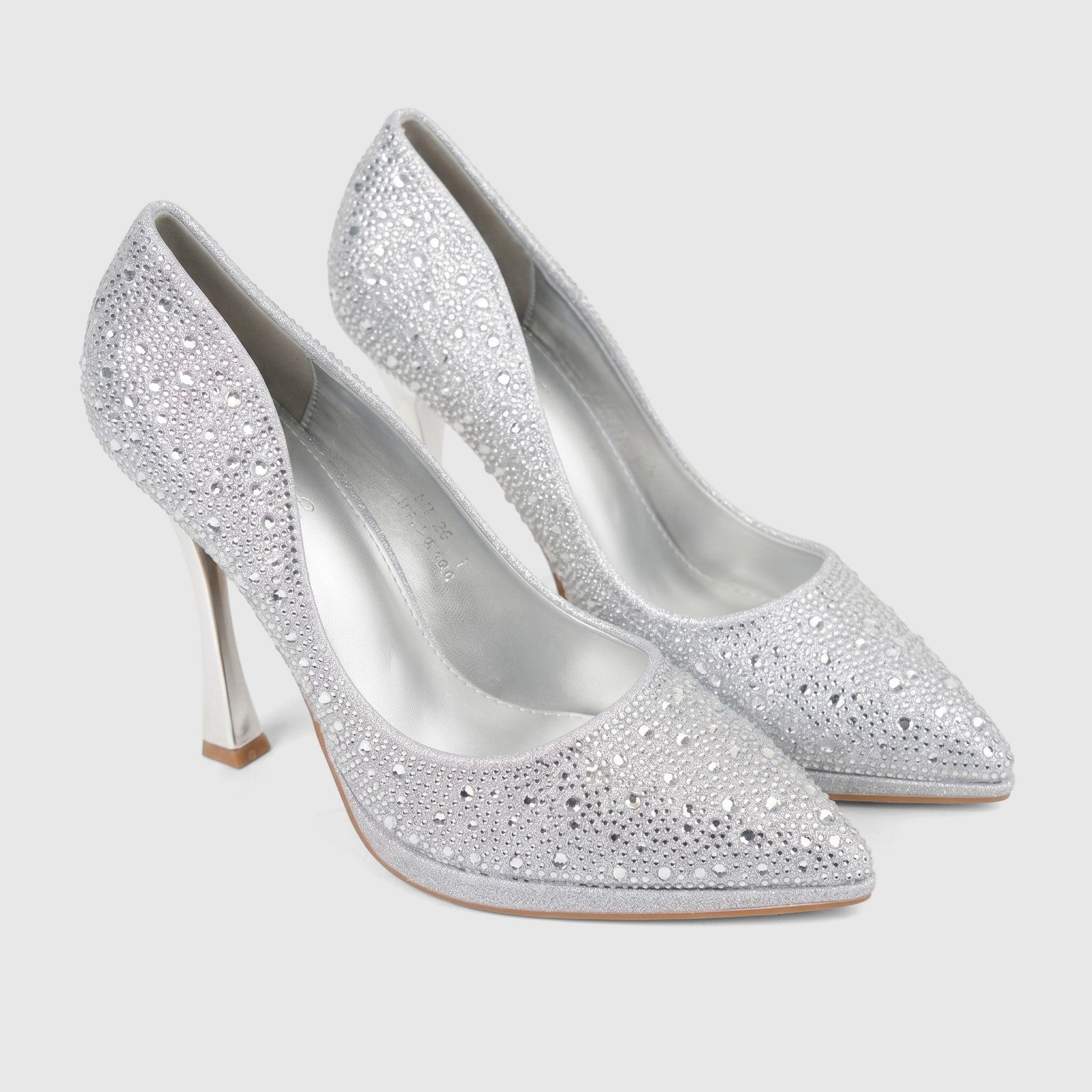 Pair of elegant Bulbul Ladies Evening Court Shoes, silver with sparkling rhinestone embellishments and pointed toes,