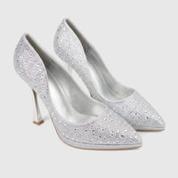 Pair of elegant Bulbul Ladies Evening Court Shoes, silver with sparkling rhinestone embellishments and pointed toes,