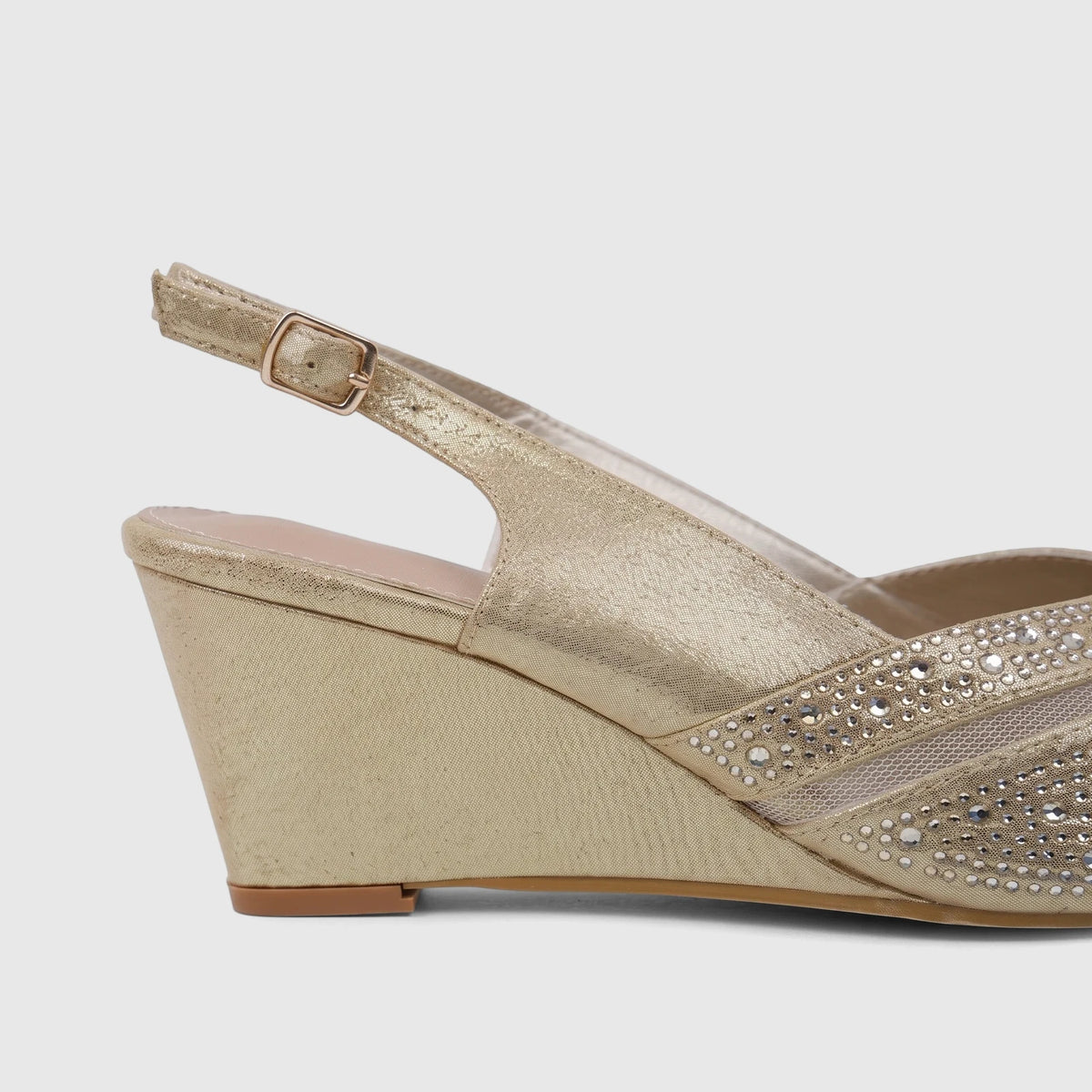 Dark gold Bulbul ladies evening wedge sandal with a buckle strap and rhinestone embellishments on the front.