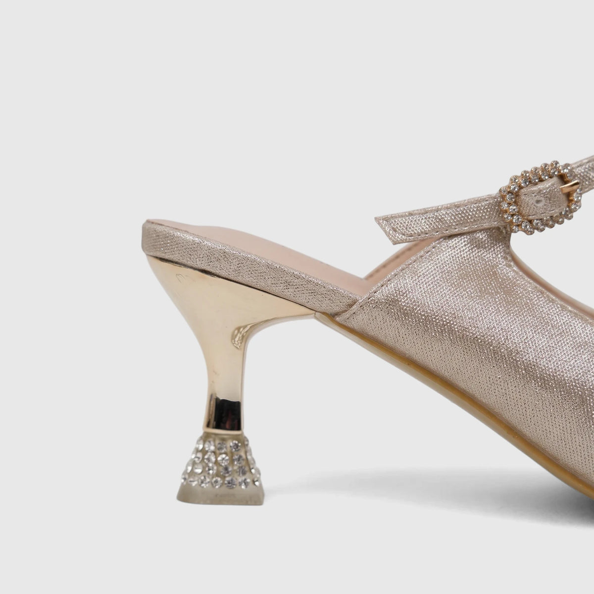 Bulbul Ladies Evening Open Back Court Gold HAR101 shoe, featuring sparkling fabric, a rhinestone-embellished buckle, and a