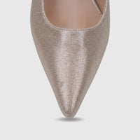 Close-up of a Bulbul Ladies Evening Open Back Court high heel shoe in gold glitter, featuring a sharp pointed toe.