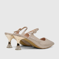 Bulbul Ladies Evening Open Back Court Gold HAR101 heels, featuring a glitter finish, pointed toe, and crystal-studded golden