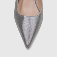 Silver glitter pointed-toe women's pump shoe with an open back, shown from a top-down view.