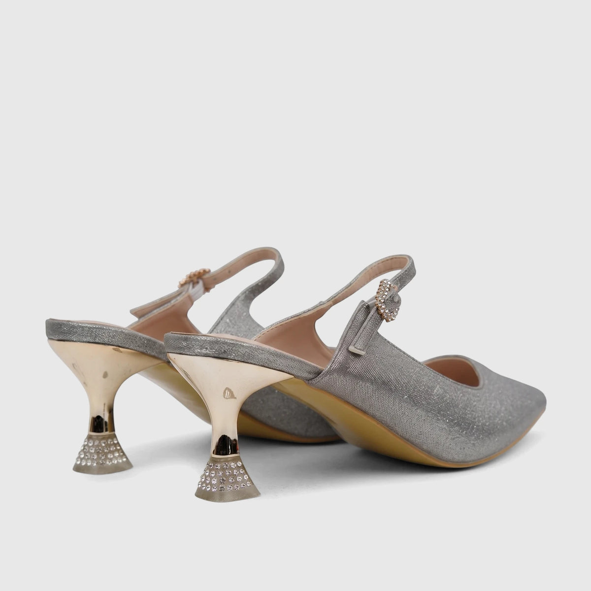 Bulbul Ladies Evening Open Back Court Gun HAR101, elegant silver glitter slingback heels with pointed toes, gold buckle, and