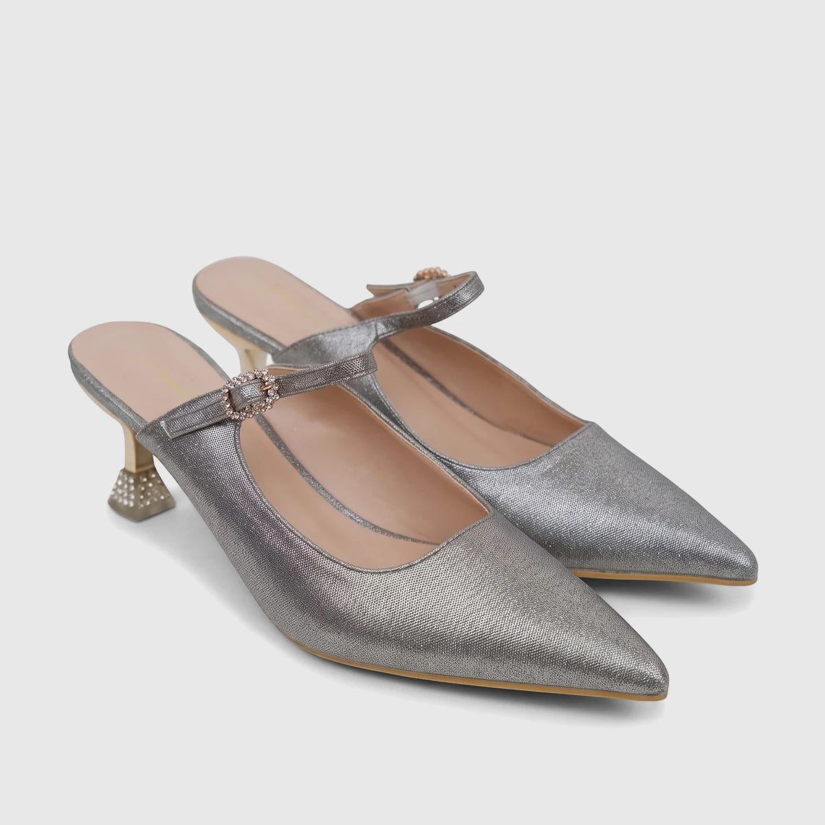 Bulbul Ladies Evening Open Back Court shoes: silver glitter, pointed toe, crystal-studded low heel, and embellished buckle