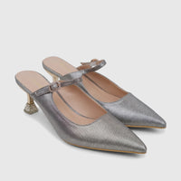 Bulbul Ladies Evening Open Back Court shoes: silver glitter, pointed toe, crystal-studded low heel, and embellished buckle