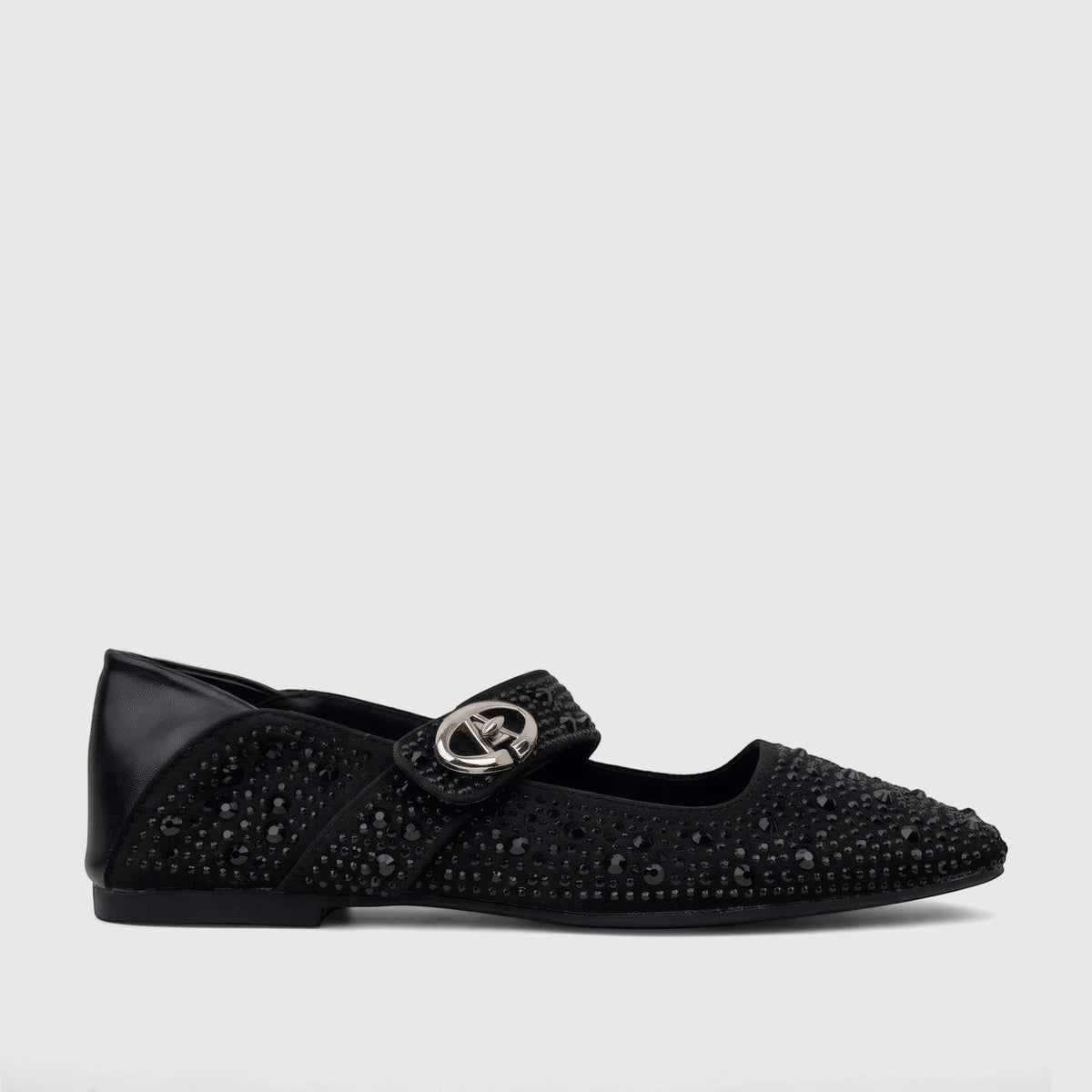 A black Bulbul ladies' evening pump, embellished with sparkle details and a silver buckle, displayed in a profile view.