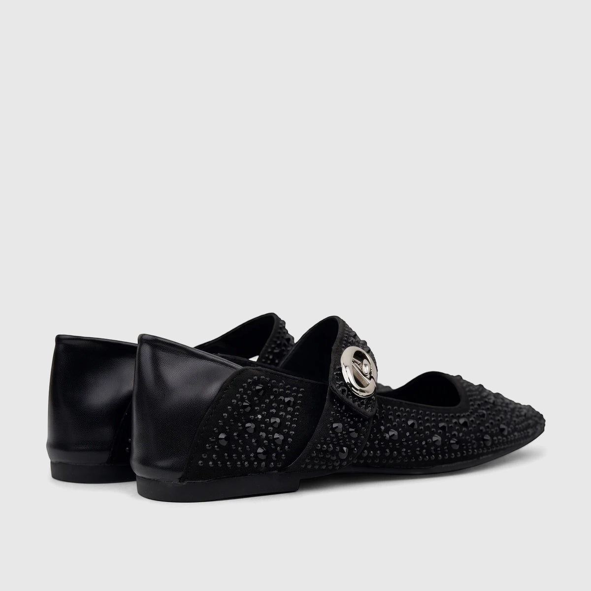 Pair of black Bulbul ladies' evening pump shoes, adorned with black studs and a silver buckle, viewed from a slightly angled