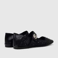 Pair of black Bulbul ladies' evening pump shoes, adorned with black studs and a silver buckle, viewed from a slightly angled