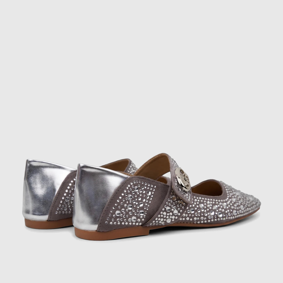 Bulbul Ladies Evening Pump in grey, featuring a flat design with shimmering rhinestone embellishments and silver metallic