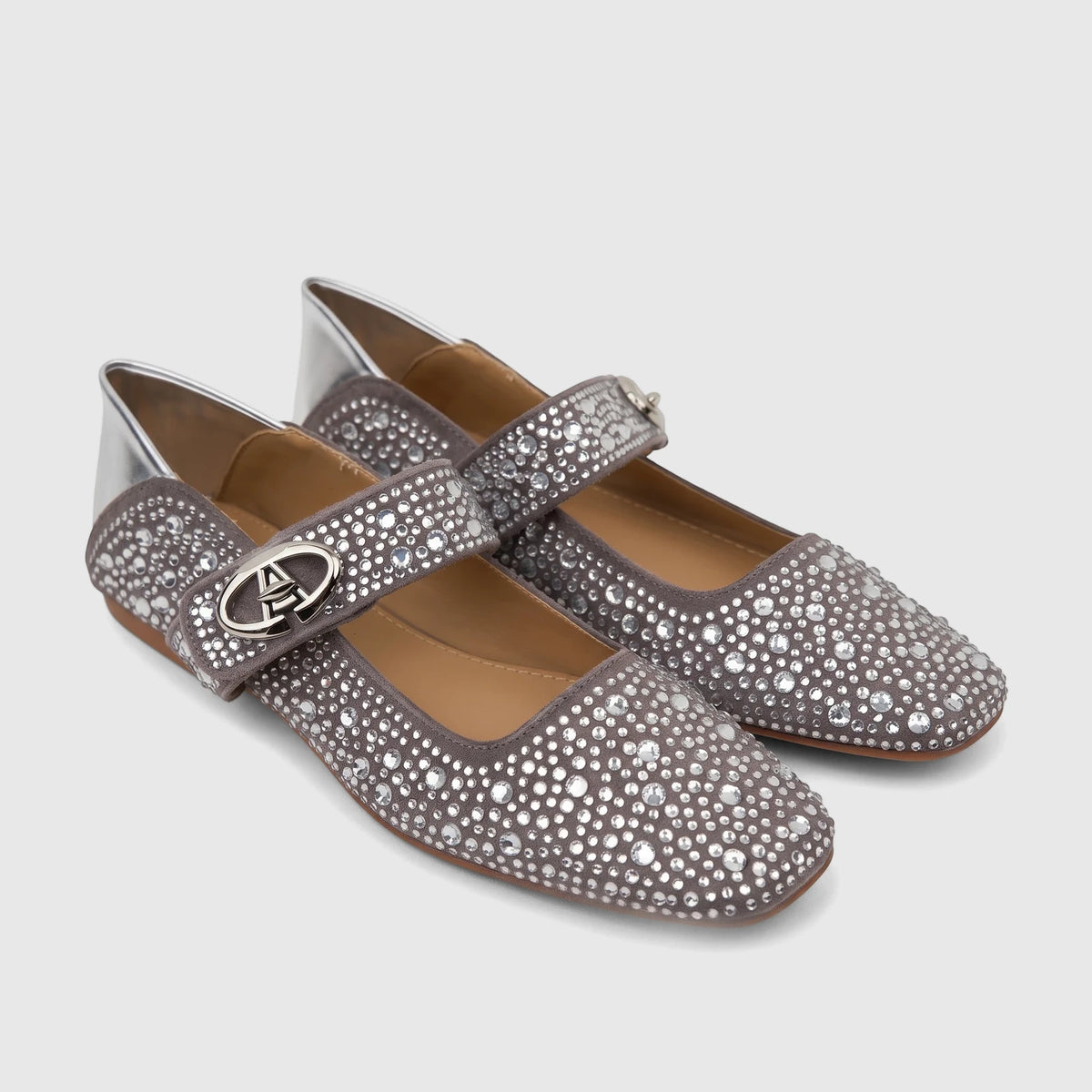 Pair of Bulbul Ladies Evening Pump Grey HAR117 shoes with all-over clear rhinestones, silver metallic trim, and a Mary Jane
