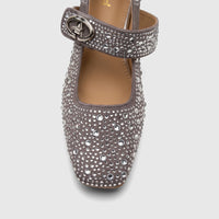 Close-up of a grey Bulbul Ladies Evening Pump, HAR117, embellished with rhinestones and a Mary Jane style strap with a