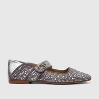 Bulbul Ladies Evening Pump Grey HAR117: stylish grey pump adorned with sparkling rhinestones, a strap, and a silver heel.