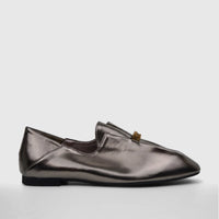 Bulbul Ladies Evening Pump Gun LU050 metallic gunmetal flat loafer shoe, detailed with a small golden ring, viewed in