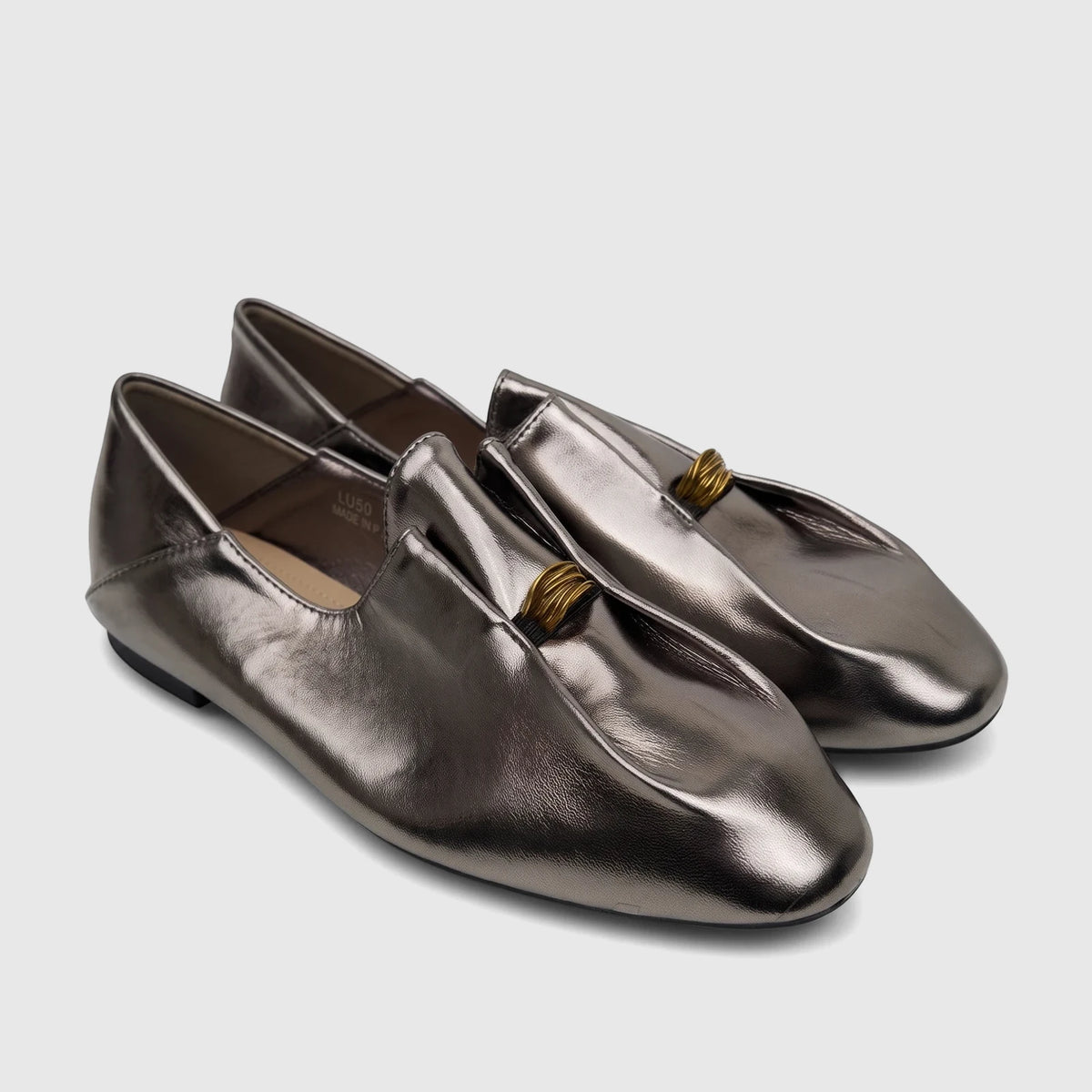 A pair of metallic grey Bulbul Ladies Evening Pump Gun LU050 loafers, featuring gold ring accents, displayed at an angle.