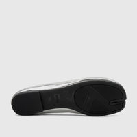 Bottom view of a metallic silver Bulbul Ladies Evening Pump LU051, featuring a distinctive split-toe Tabi design and a black