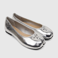 Pair of silver metallic Bulbul Ladies Evening Pumps with a unique tabi split-toe design, showcasing the elegant ballet flat