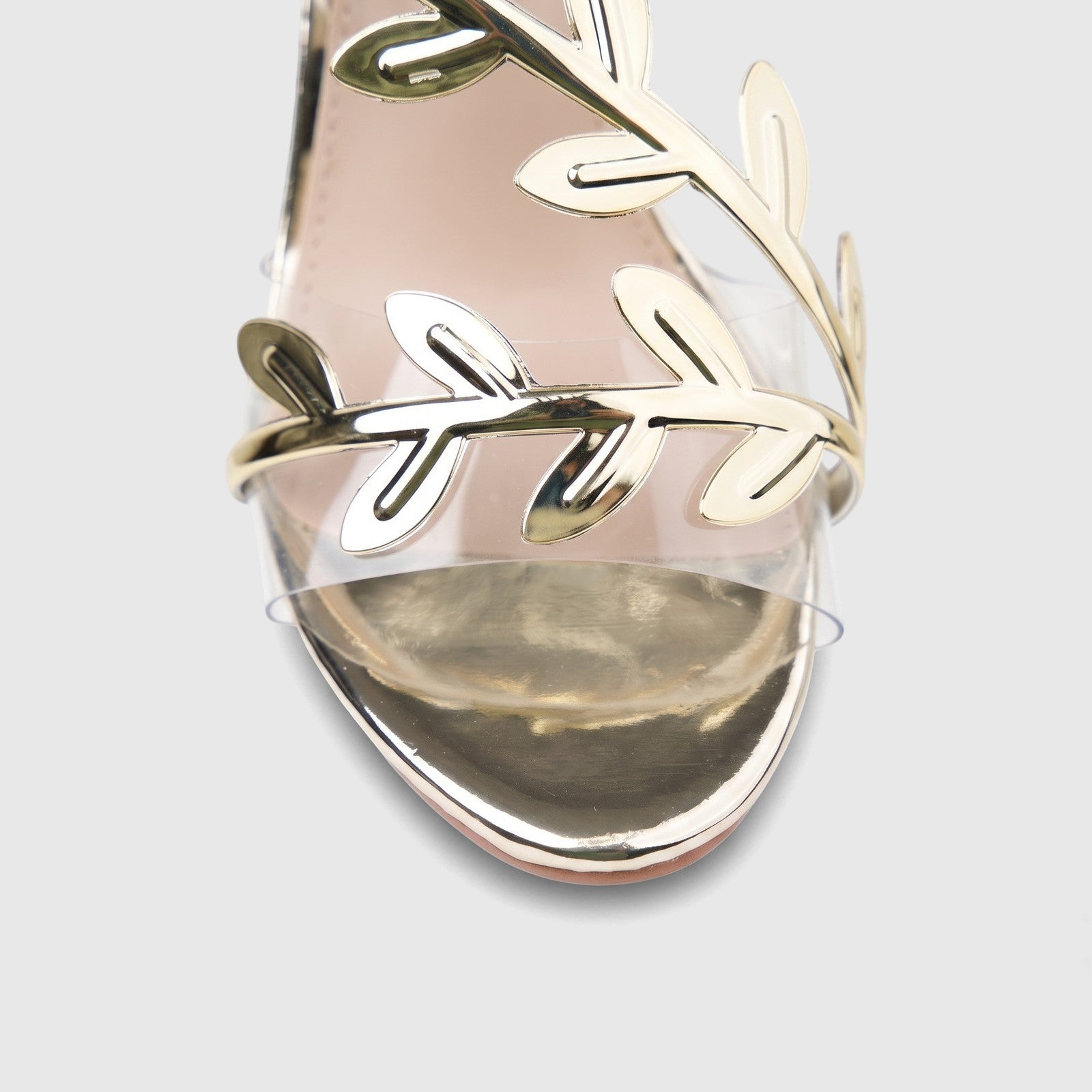 Bulbul Ladies Evening Sandal Gold HAR095, featuring metallic gold leaf-shaped straps and clear PVC over the open toe.