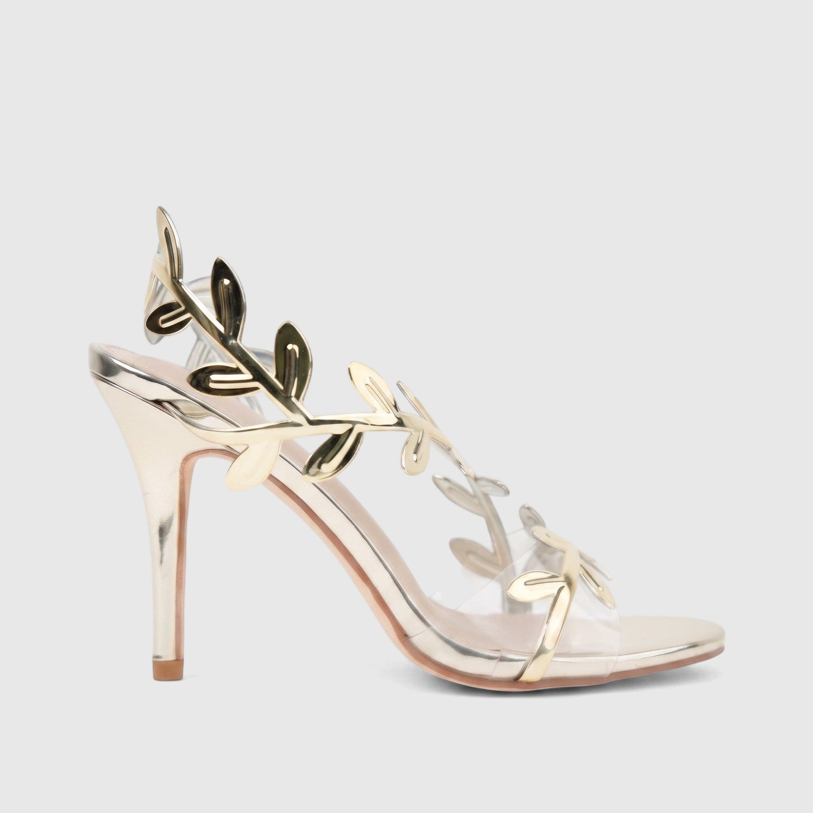 Bulbul Ladies Evening Sandal Gold HAR095, high-heeled with a shimmering gold finish and elegant leaf-shaped detailing on