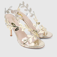 Bulbul Ladies Evening Sandal Gold HAR095, featuring intricate gold leaf strap details, transparent sections, and a high
