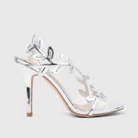 Bulbul Ladies Evening Sandal HAR095 in silver with leaf-shaped metallic straps, clear elements, and a high stiletto heel,