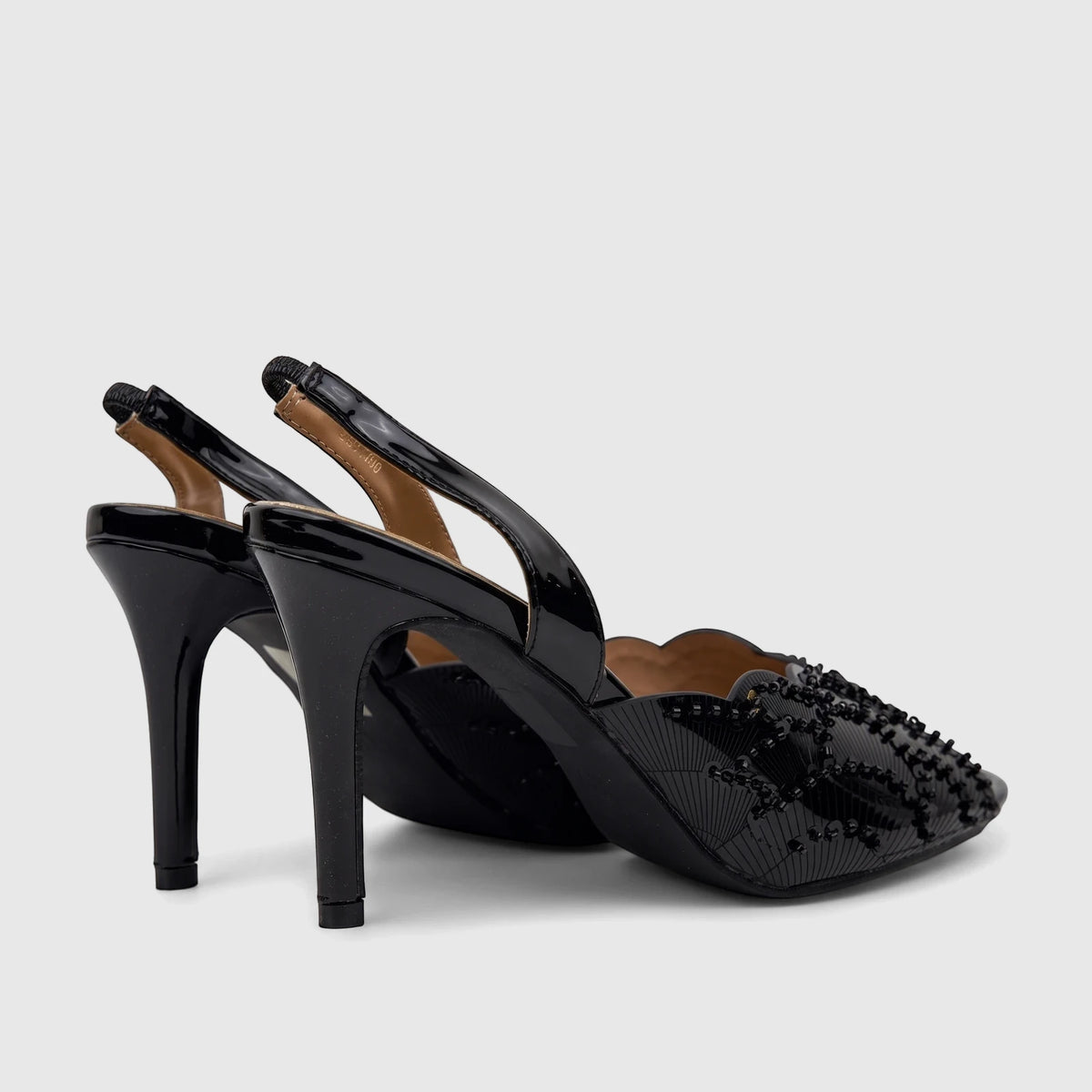 Bulbul Ladies Evening Slingback Sandals in black patent leather, featuring high heels and intricate beaded embellishments.