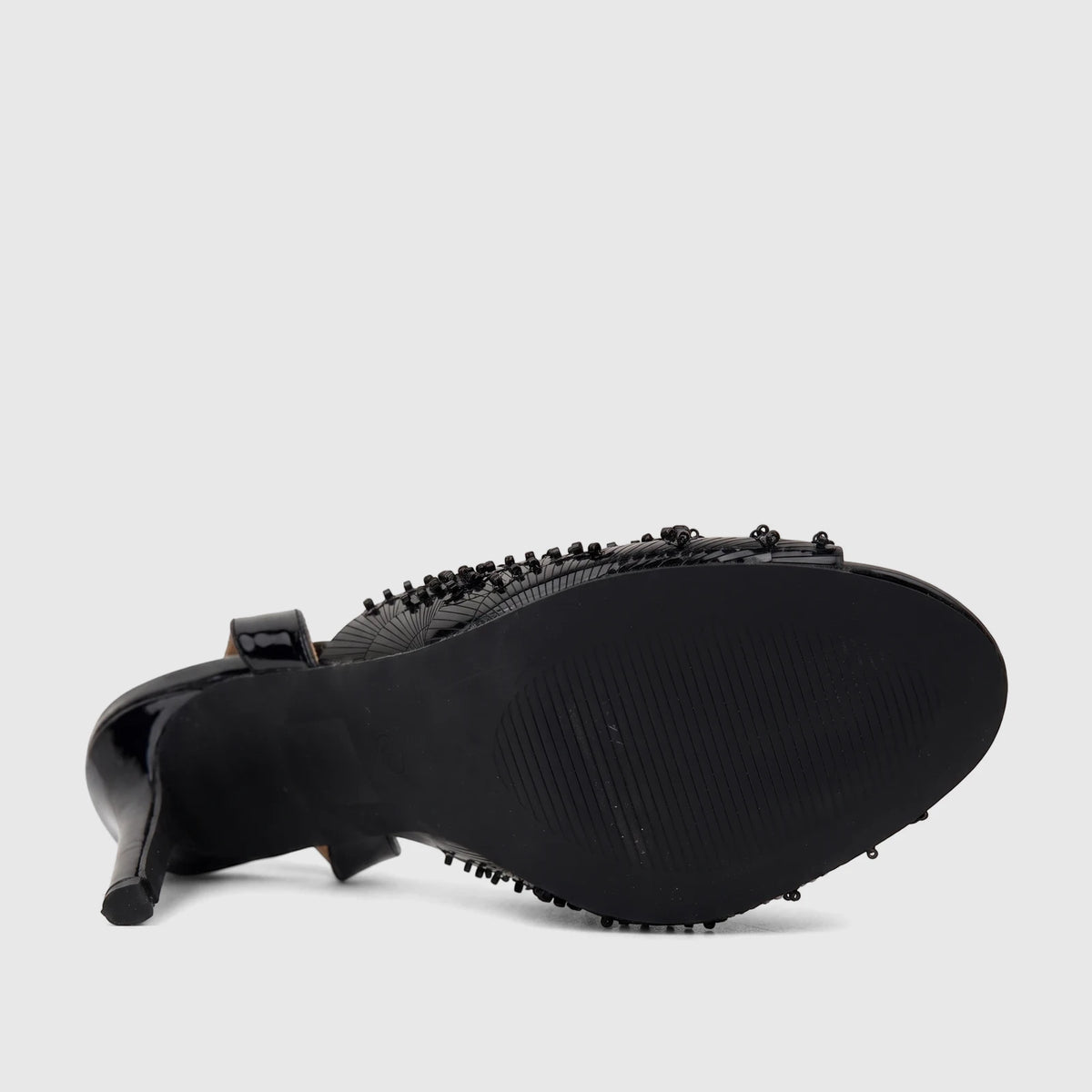 Bulbul Ladies Evening Slingback Sandal HAR100 in black patent leather with intricate bead embellishments and a high heel,
