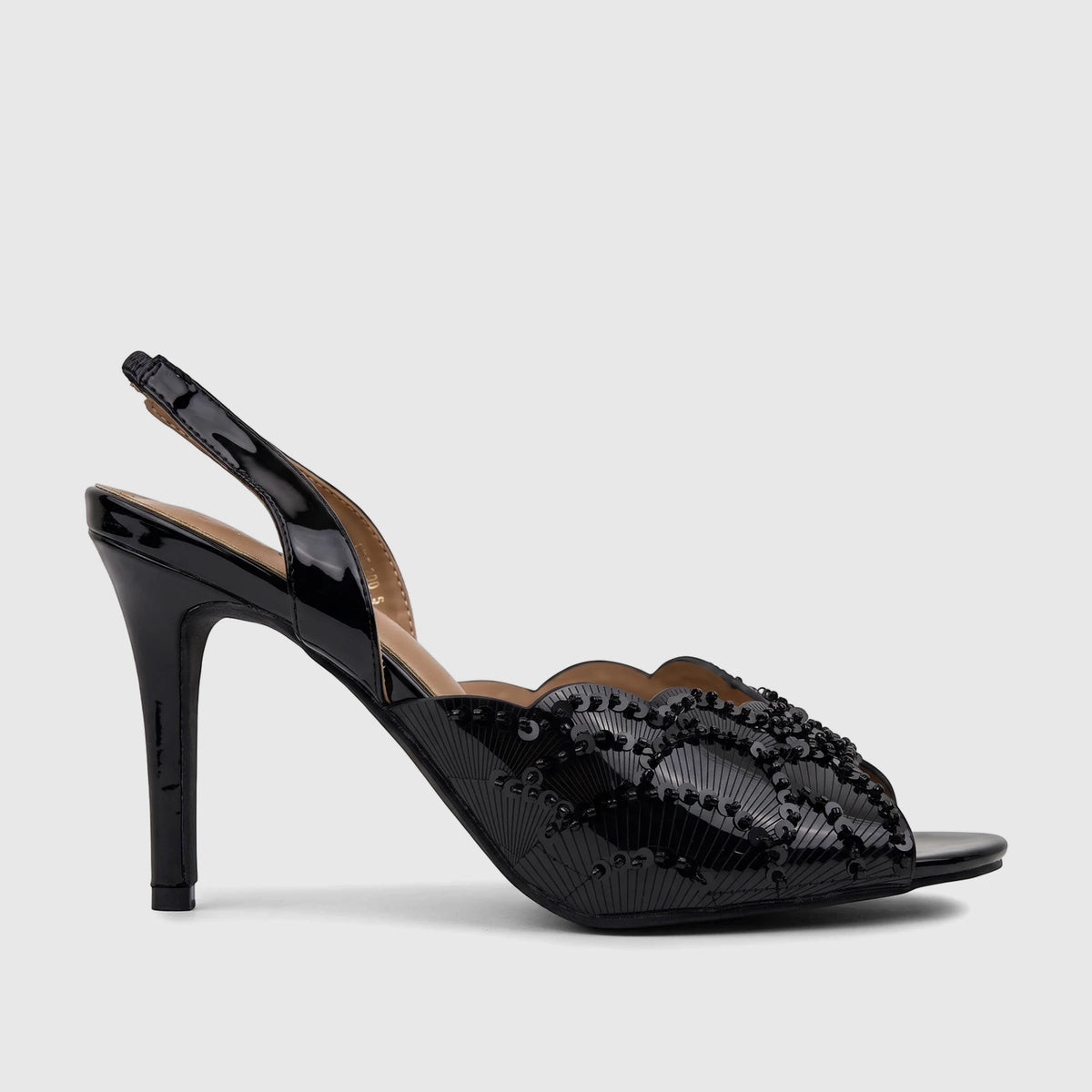 Bulbul Ladies Evening Slingback Sandal in black patent leather, featuring sequin detailing on the front strap and a high