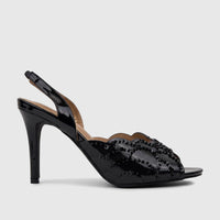 Bulbul Ladies Evening Slingback Sandal in black patent leather, featuring sequin detailing on the front strap and a high