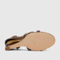 Bronze Bulbul Ladies Evening Slingback Sandal, showcasing its wedge heel and embellished straps from a bottom-up view.