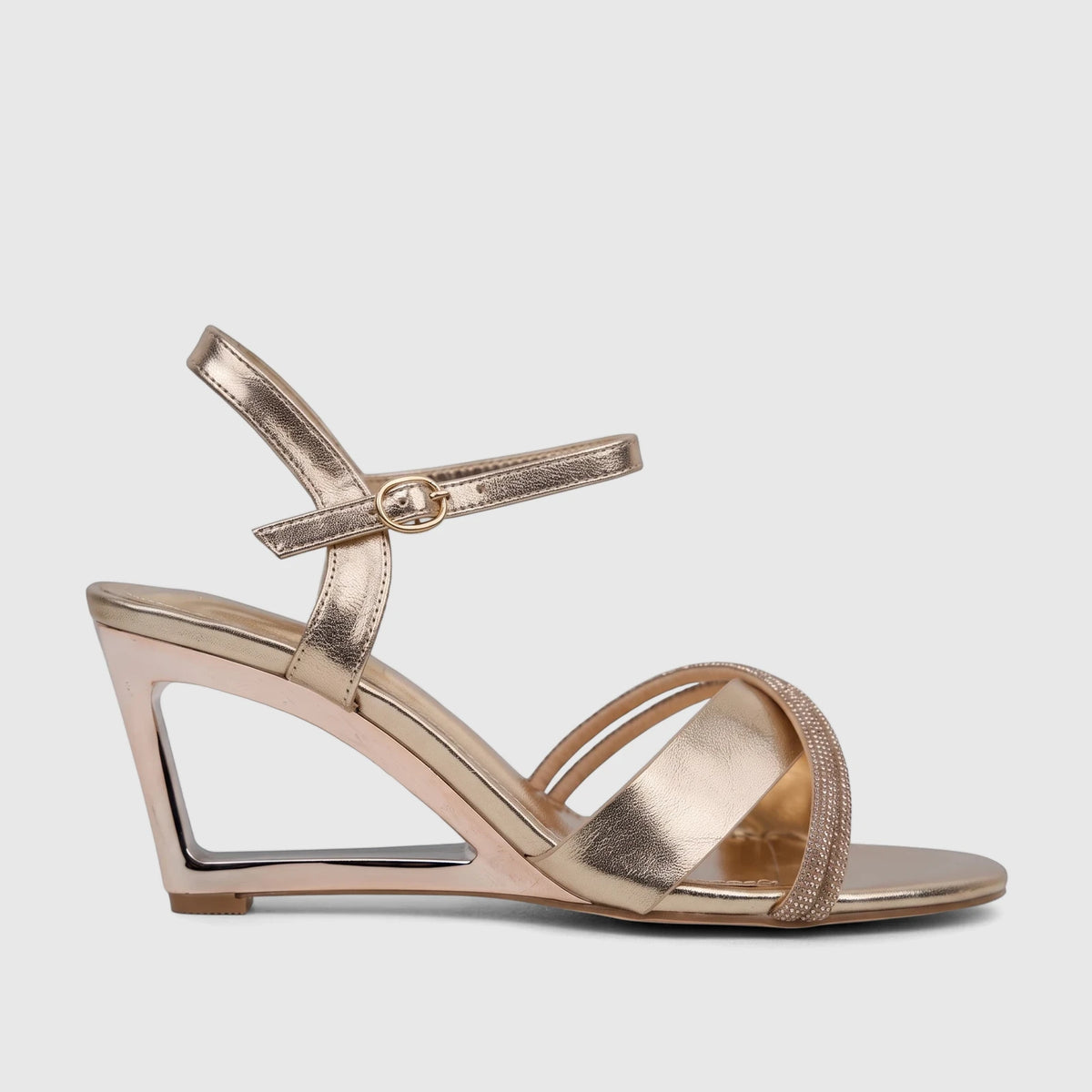 Bulbul Ladies Evening Slingback Sandal Champagne HAR097 with rhinestone embellished strap and geometric wedge heel, side