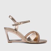 Bulbul Ladies Evening Slingback Sandal Champagne HAR097 with rhinestone embellished strap and geometric wedge heel, side