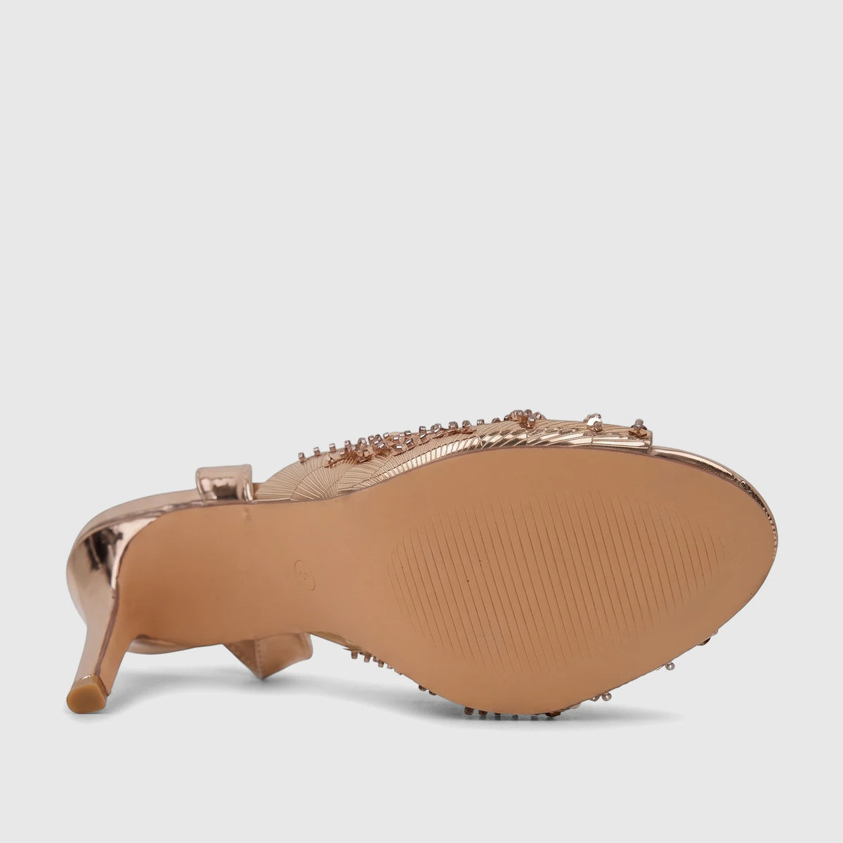 Rose gold Bulbul Ladies Evening Slingback Sandal with delicate embellishments and a high heel, viewed from the side