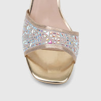 Bulbul Ladies Evening Slingback Sandal in gold with iridescent crystal embellishments on the front strap, shown close-up.