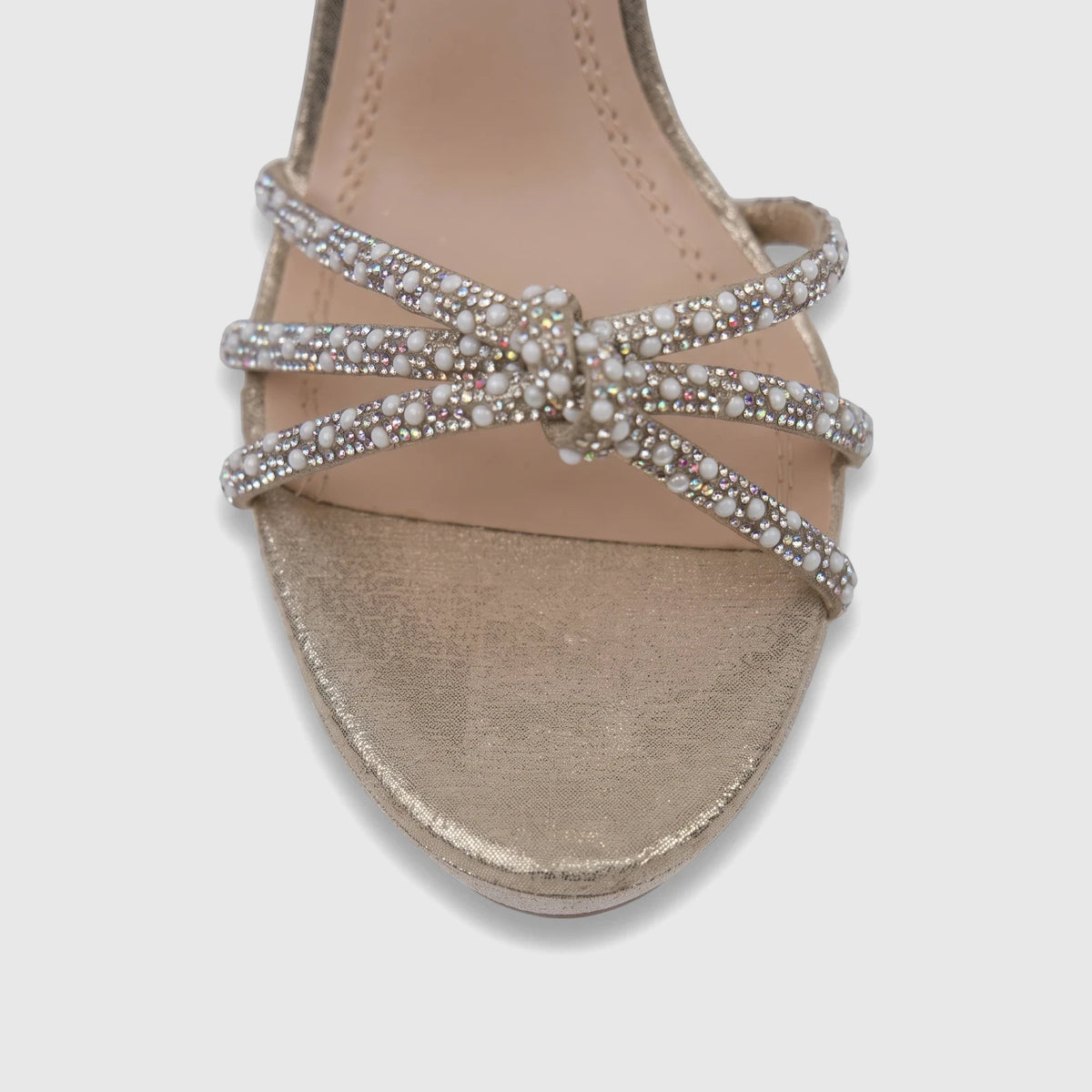 Close-up of a gold Bulbul Ladies Evening Slingback Sandal with pearl and rhinestone embellished straps.