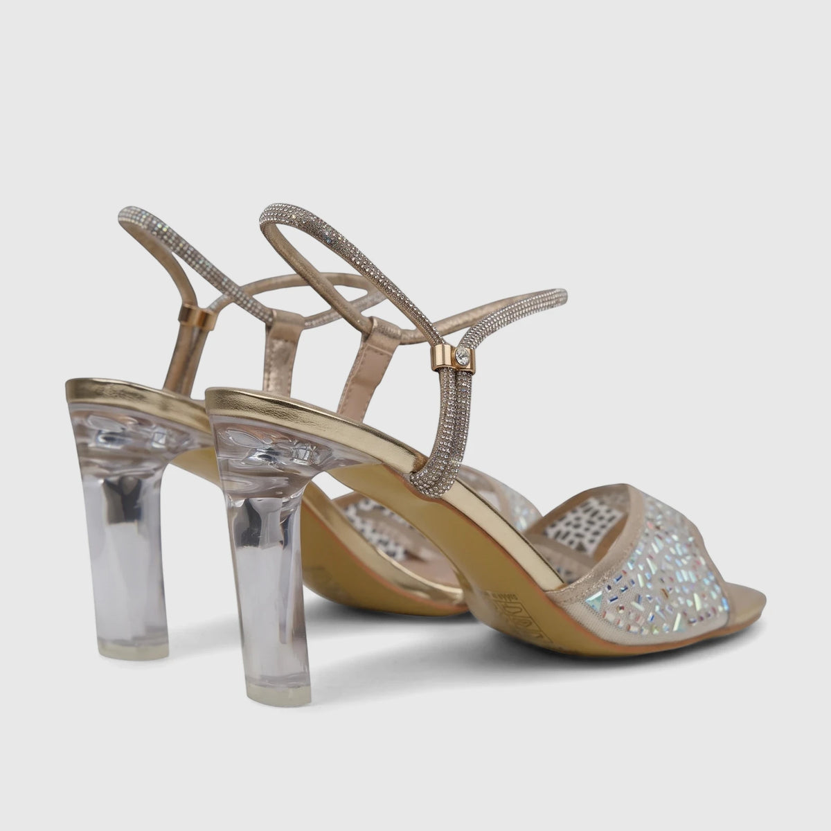 Bulbul Ladies Evening Slingback Sandal Gold HAR105 with clear block heels and rhinestone-embellished straps, viewed from the