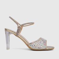 Gold Bulbul Ladies Evening Slingback Sandal with a clear block heel and rhinestone embellished straps.